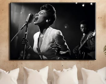 Jazz Wall Art, Singer in White Dress with Jazz Band Painting Printed on Canvas, Retro Jazz Painting, Jazz Poster, Jazz Wall Decor