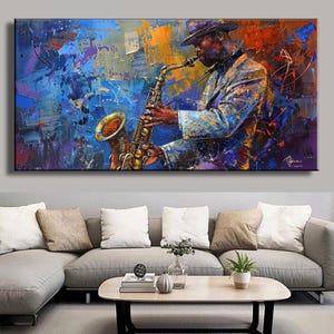 Pintura al óleo sobre lienzo de una banda de jazz, saxofón, blues, club, póster de jazz, decoración del hogar, arte de pared, pintura sobre lienzo, concierto, orquesta