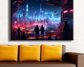 Pintura em tela com paisagem urbana cyberpunk, arte de parede, impressão digital futurista de horizonte neon, pôster estético para decoração de parede de casa ou escritório.