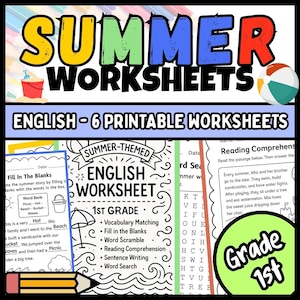 Puede incluir: Hojas de trabajo de inglés con temática de verano para 1er grado. La imagen presenta un título colorido con una pelota de playa y un cubo de arena. Las hojas de trabajo incluyen actividades de emparejamiento de vocabulario, completar espacios en blanco, búsqueda de palabras, comprensión lectora, escritura de oraciones y búsqueda de palabras.