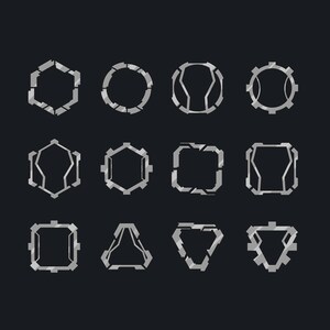 May include: A collection of twelve silver geometric shapes, including hexagons, circles, squares, and triangles, are arranged on a black background. Each shape has a textured, metallic appearance, with segmented edges and a futuristic design. The shapes vary in their internal designs.