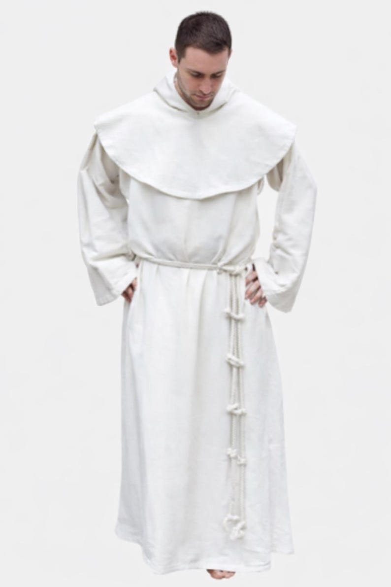 Renaissance Eave Ropes Handmade White Monk Robe: Medieval Hooded Cloak With Rope Belt ...