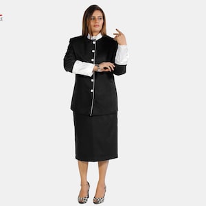 Women’s Clergy Skirt Suit - Black & White Pastor Outfit - Premium Tropical Fabric - Professional Ministry Attire with Satin Cuffs