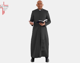 May include: A black clergy robe with a mandarin collar and button-down front. The robe has a matching sash with a fringed end. The image includes the text "THE CLERGY ATTIRE SERVING SOULS" in the upper left corner.