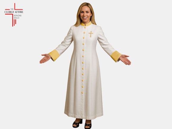 white clergy dress Terramina 7028 Robe and embellishments to create a robe that truly reflects your personality and ministry Ivory Clergy Robe | Gold