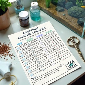 May include: An aquarium expense tracker with a detailed layout for tracking costs. The document is on a white surface, alongside a small aquarium, scissors, and various aquarium supplies. The text "Aquarium Expense Tracker" is visible.