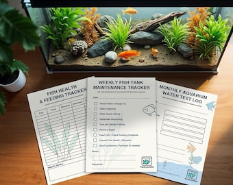 Planificador de cuidado de acuarios: registro de mantenimiento de peceras, registro de análisis de agua, tabla de alimentación y salud (PDF imprimible)