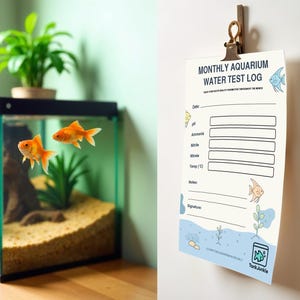 Könnte beinhalten: Ein Aquarium mit zwei orangefarbenen Goldfischen. Der Tank hat einen schwarzen Rahmen, Sand, Pflanzen und einen dekorativen Stein. Ein monatliches Aquarium-Wasserprotokoll ist an der Wand befestigt.