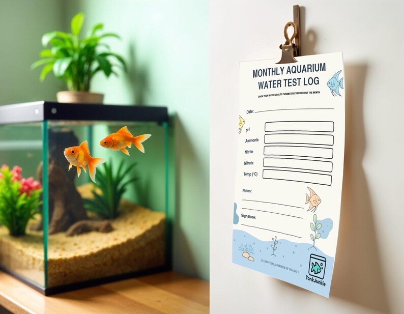 Puede incluir: Un acuario con dos peces dorados naranjas nadando. El tanque tiene un marco negro, arena, plantas y una roca decorativa. Un registro mensual de prueba de agua del acuario est&aacute; sujeto a la pared.