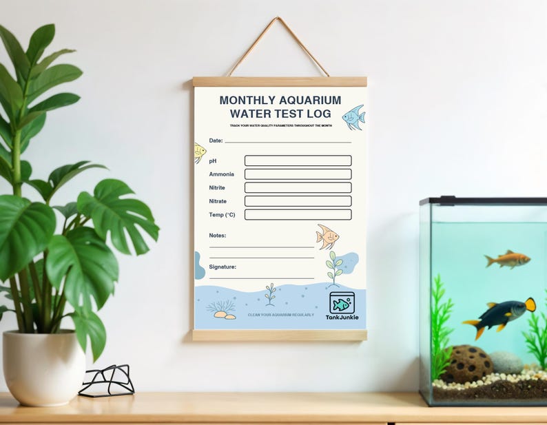 Puede incluir: Un colgante de pared beige con el texto "MONTHLY AQUARIUM WATER TEST LOG" y espacio para registrar los par&aacute;metros de calidad del agua. El registro presenta ilustraciones de peces y est&aacute; suspendido por una barra de madera y una cuerda.