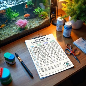 May include: An aquarium expense tracker on a clipboard, with a fish tank in the background. The tracker has sections for various expenses. Other items include scissors, a notebook, and a paintbrush.