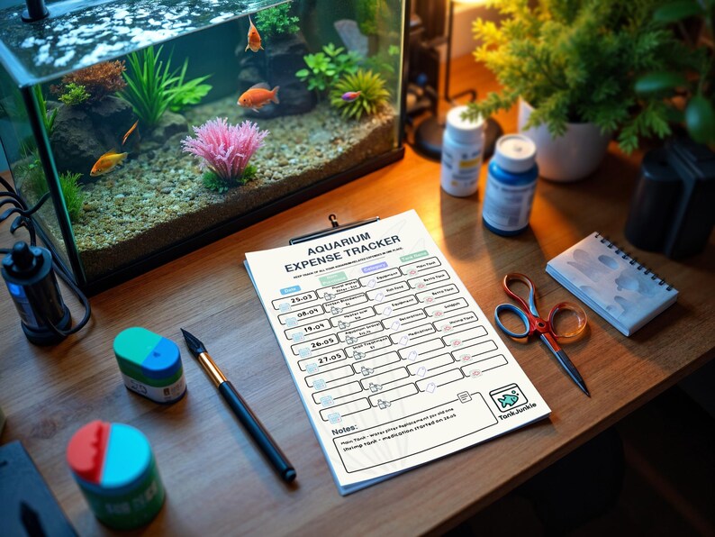 May include: An aquarium expense tracker on a clipboard, with a fish tank in the background. The tracker has sections for various expenses. Other items include scissors, a notebook, and a paintbrush.
