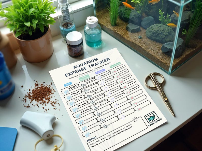 May include: An aquarium expense tracker with a detailed layout for tracking costs. The document is on a white surface, alongside a small aquarium, scissors, and various aquarium supplies. The text "Aquarium Expense Tracker" is visible.