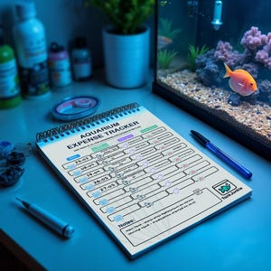 May include: A notepad titled "Aquarium Expense Tracker" sits on a blue surface, alongside a fish tank with an orange fish. The notebook is spiral-bound and has a detailed layout for tracking expenses. A blue and a silver pen are also present.