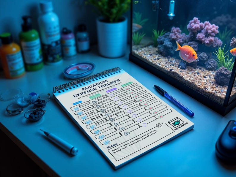 May include: A notepad titled "Aquarium Expense Tracker" sits on a blue surface, alongside a fish tank with an orange fish. The notebook is spiral-bound and has a detailed layout for tracking expenses. A blue and a silver pen are also present.