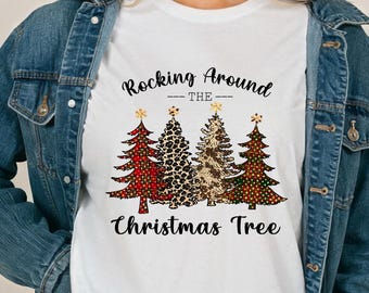 Comfort Colors Rocking Around Christmas Tree Leopard Plaid T‑Shirt Long Sleeve Holiday Tee