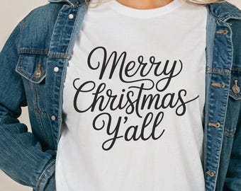 Merry Christmas Y’all Holiday Lettering Tee Comfort Colors Shirt Southern Christmas Tshirt Retro Festive Longsleeve Top