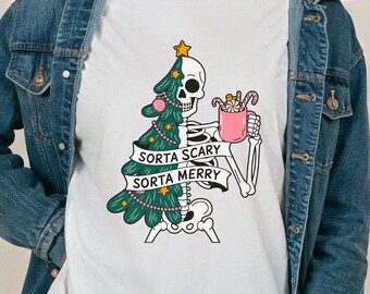 Sorta Merry Sorta Scary Holiday Tree Mug Retro Christmas Tee Comfort Colors Shirt Festive Illustration Tshirt Longsleeve Top