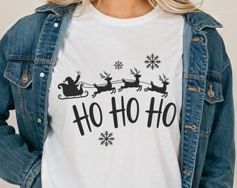 Comfort Colors Santa Sleigh Reindeer Ho Ho Ho Christmas TShirt or Long Sleeve Classic Holiday Silhouette Winter Graphic Tee