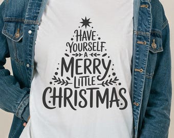 Comfort Colors Merry Little Christmas Typography Tree TShirt or Long Sleeve Cute Holiday Lettering Festive Season Graphic