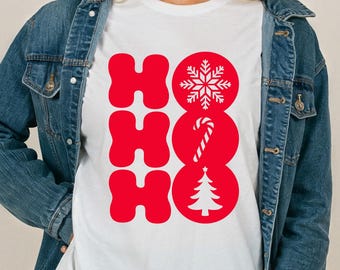 Comfort Colors HO HO HO Bold Retro Red Icons Christmas TShirt or Long Sleeve Modern Festive Holiday Style Graphic Tee