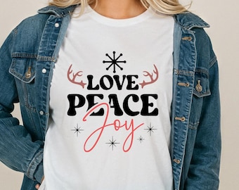 Love Peace Joy Retro Holiday Lettering Antlers Christmas Tee Comfort Colors Shirt Festive Cheerful Winter Tshirt Longsleeve Top
