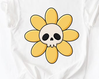 Camiseta de calavera amarilla con flores, colores cómodos, para Halloween, manga larga, estilo gótico pastel, con calavera floral, linda y espeluznante camiseta de otoño