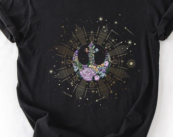 Camisa con símbolo floral rebelde, colores cómodos, camiseta bohemia galáctica inspirada en Star Wars, camiseta de manga larga con flores para fanáticos