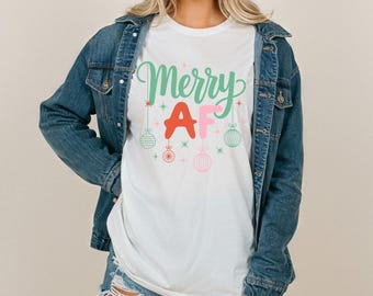 Comfort Colors Merry AF Retro Christmas TShirt or Long Sleeve Funny Festive Holiday Ornaments Pastel Cute Graphic Winter Tee
