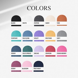 K&ouml;nnte beinhalten: Eine Farbkarte mit dem Wort "COLORS" oben. Die Karte zeigt eine Vielzahl von Farben, darunter Schwarz, Wei&szlig;, Pfeffer, Elfenbein, Yam, Meerschaum, Blue Jean, Violett, Senf, Grau, Denim, Blaufichte, Orchidee, Karmesinrot, Crunchberry, Beere, Bl&uuml;te und Marineblau.