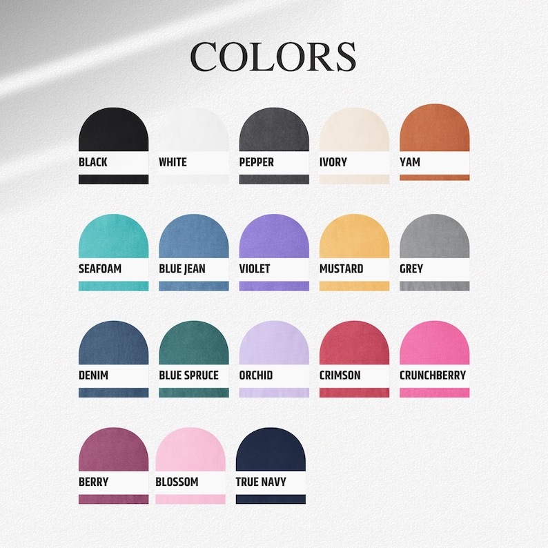 K&ouml;nnte beinhalten: Eine Farbkarte mit dem Wort "COLORS" oben. Die Karte zeigt eine Vielzahl von Farben, darunter Schwarz, Wei&szlig;, Pfeffer, Elfenbein, Yam, Meerschaum, Blue Jean, Violett, Senf, Grau, Denim, Blaufichte, Orchidee, Karmesinrot, Crunchberry, Beere, Bl&uuml;te und Marineblau.