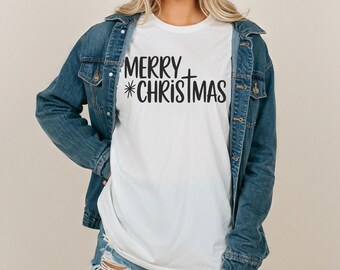 Comfort Colors Merry * Christmas Cross Accent TShirt or Long Sleeve Faith Inspired Holiday Typography Festive Graphic Tee