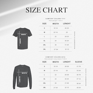 K&ouml;nnte beinhalten: Gr&ouml;&szlig;entabelle f&uuml;r Comfort Colors 1717 Heavyweight T-Shirts und Comfort Colors 6014 Heavyweight Longsleeve T-Shirts. Die Tabelle zeigt Ma&szlig;e in Zoll f&uuml;r Breite, L&auml;nge und &Auml;rmell&auml;nge, mit Gr&ouml;&szlig;en von S bis 3XL.