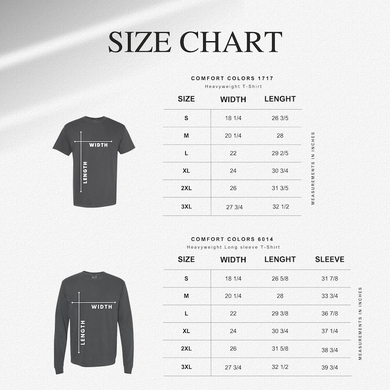 K&ouml;nnte beinhalten: Gr&ouml;&szlig;entabelle f&uuml;r Comfort Colors 1717 Heavyweight T-Shirts und Comfort Colors 6014 Heavyweight Longsleeve T-Shirts. Die Tabelle zeigt Ma&szlig;e in Zoll f&uuml;r Breite, L&auml;nge und &Auml;rmell&auml;nge, mit Gr&ouml;&szlig;en von S bis 3XL.
