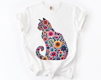 Floral Cat Silhouette Shirt Artistic Cat Comfort Colors T-Shirt or Longsleeve Boho Cat Lover Gift for Women Colorful Cat Graphic