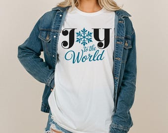Comfort Colors Joy to the World Snowflake Typography Christmas TShirt or Long Sleeve Elegant Winter Holiday Graphic Tee