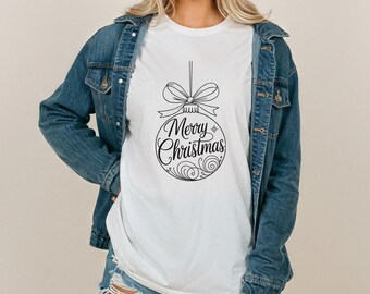 Comfort Colors Merry Christmas Ornament Bow TShirt or Long Sleeve Elegant Decorative Holiday Typography Festive Graphic Tee
