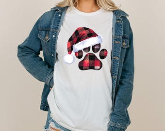 Buffalo Plaid Paw Print Christmas Shirt Comfort Colors Tshirt or Longsleeve Cute Pet Lover Holiday Tee Dog Mom Winter Gift