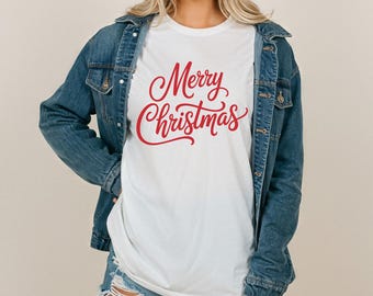 Comfort Colors Merry Christmas Script Red Lettering TShirt or Long Sleeve Classic Holiday Typography Festive Season Graphic Tee