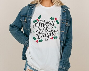 Comfort Colors Merry & Bright Holly Wreath Christmas TShirt or Long Sleeve Festive Script Classic Holiday Season Graphic Tee