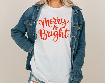 Comfort Colors Merry & Bright Christmas TShirt or Long Sleeve Holiday Script Typography Festive Season Cute Winter Graphic Tee