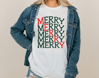 Comfort Colors Retro Merry Stacked Typography Christmas TShirt or Long Sleeve Festive Holiday Season Graphic Tee Gift