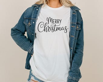 Comfort Colors Merry Christmas Minimal Script TShirt or Long Sleeve Simple Modern Holiday Typography Festive Season Graphic
