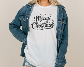 Comfort Colors Merry Christmas Tree Outline Script TShirt or Long Sleeve Cute Holiday Typography Festive Winter Graphic Tee