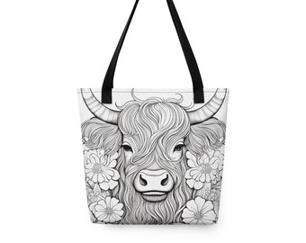 Highland Cow Adult Coloring book Tote bag
