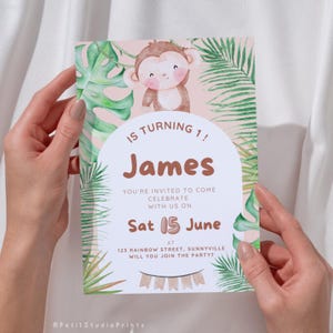 FR/US - Carte d’invitation anniversaire jungle personnalisable - Modèle Singe - Fille ou garçon  - Téléchargement instantané