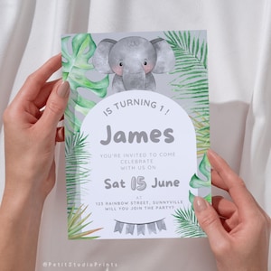 FR/US - Carte d’invitation anniversaire jungle personnalisable - Modèle Elephant - Fille ou garçon - Téléchargement instantané