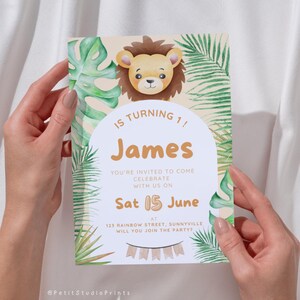 FR/US - Carte d’invitation anniversaire jungle personnalisable - Modèle Lion - Fille ou garçon - Téléchargement instantané