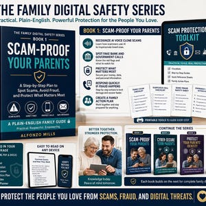 May include: The Family Digital Safety Series Book 1, Scam-Proof Your Parents, is a dark blue book with white and teal text. The bundle includes a digital toolkit, printable checklists, and guides for recognizing AI scams, bank fraud, and protecting personal data.