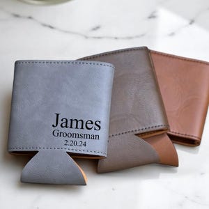 Personalized Faux Leather Can Cooler: Engraved Groomsmen Gift